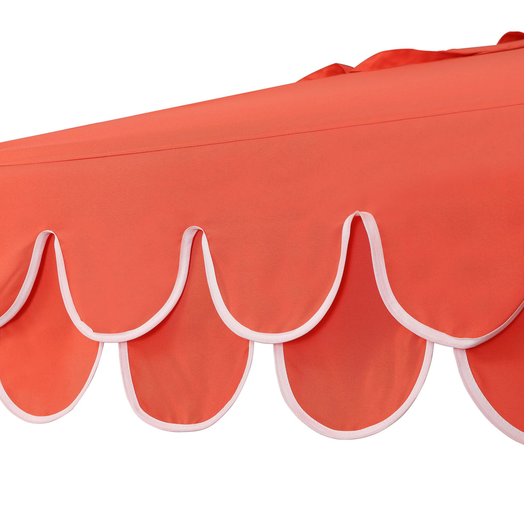 JONATHAN Y Tracy 9 ft. Market Patio Umbrella, Classic Mid-Century Scalloped Fringe, with Auto-Tilt Crank, Wind Vent and UV Protection, Coral Pink/White, Dark Brown Pole
