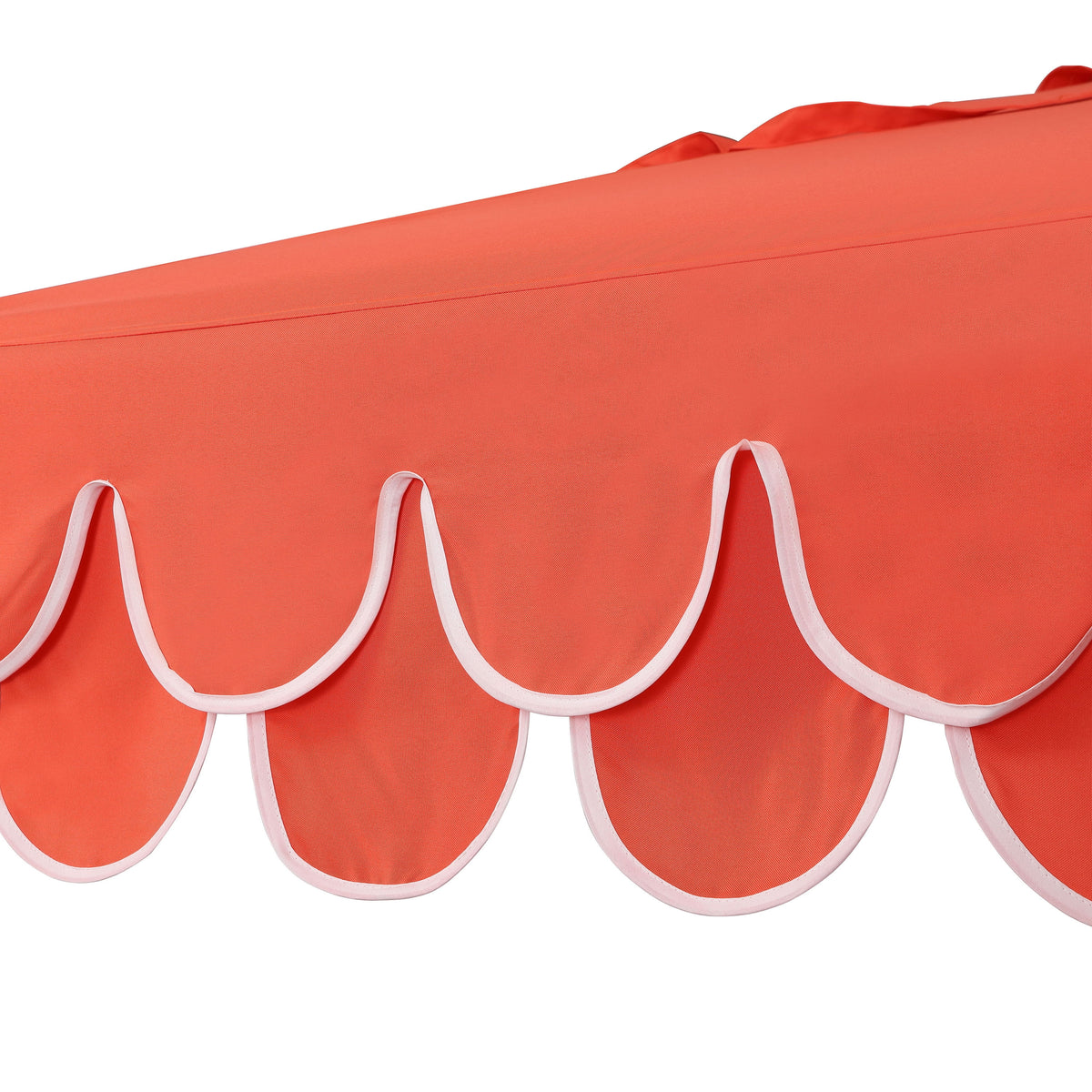JONATHAN Y Tracy 9 ft. Market Patio Umbrella, Classic Mid-Century Scalloped Fringe, with Auto-Tilt Crank, Wind Vent and UV Protection, Coral Pink/White, Dark Brown Pole