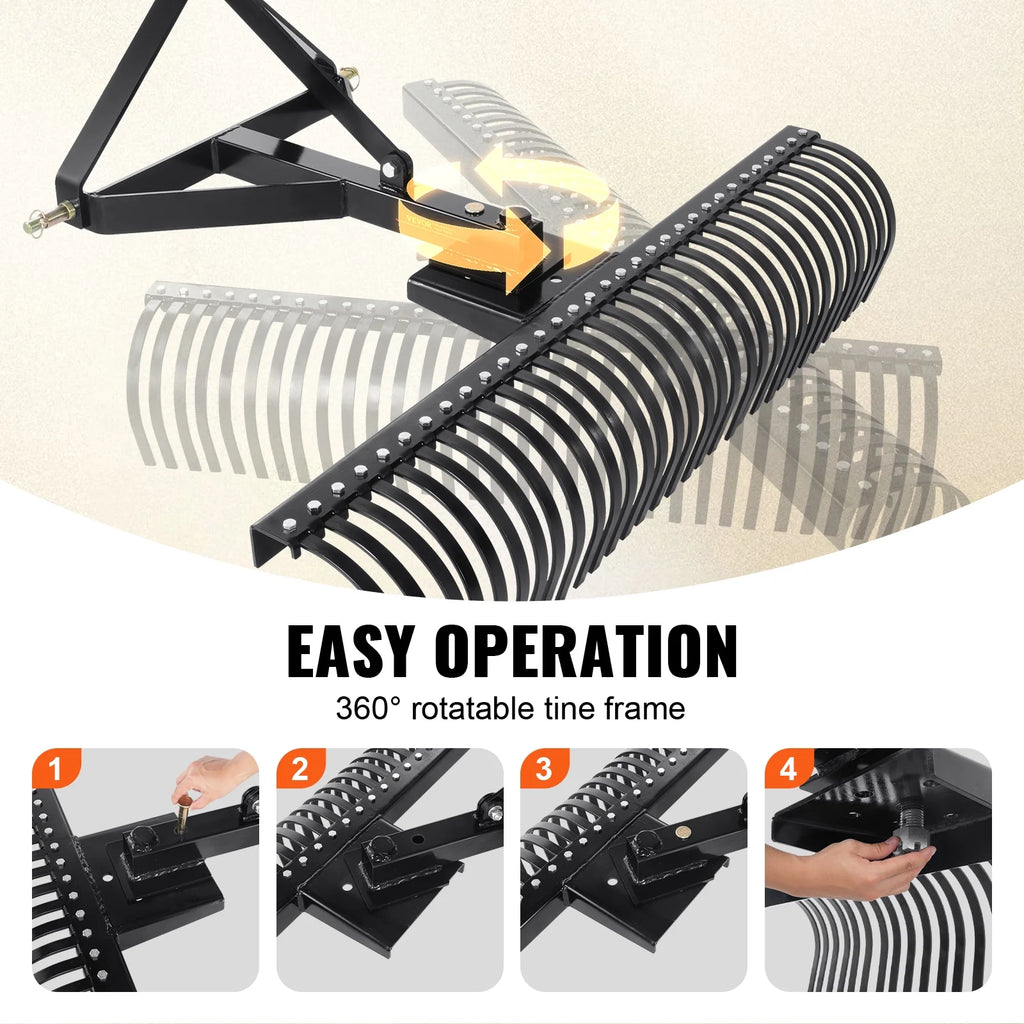 KFFKFF 3-Point Landscape Rake, 60" Pull-Behind Thatch Remover with 32 Steel Tines, Tractor-Compatible 3-Point Hitch Garden Rake with Attachments