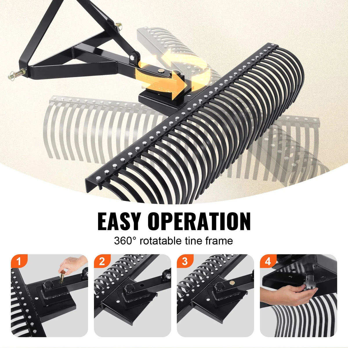 KFFKFF 3-Point Landscape Rake, 60" Pull-Behind Thatch Remover with 32 Steel Tines, Tractor-Compatible 3-Point Hitch Garden Rake with Attachments