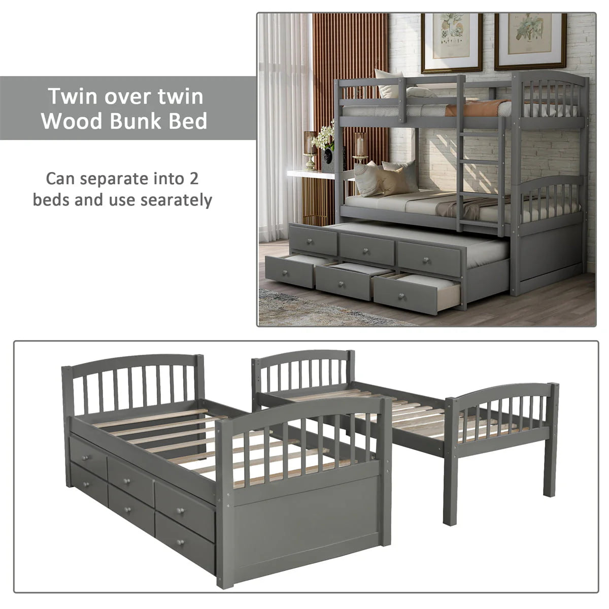 Twin-Over-Twin Bunk Bed with 3 Storage Drawers, Twin Bunk Bed Frame with Ladder & Safety Rail, Pinewood Trundle Bunk Bed for Teen Bedroom, Guest Room Furniture, Can be Convertible to 2 Beds, Gray