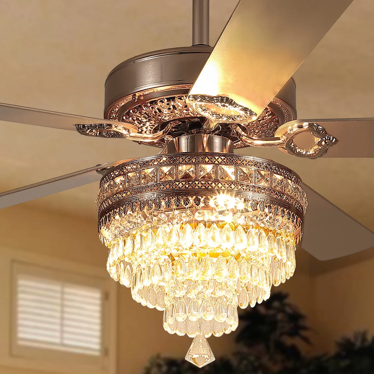 YIOSI 52" Crystal Ceiling Fan Fandelier with Remote Control, Modern Chrome Chandelier Ceiling Fan, Whisper-Quiet Motor, Reversible Blades, LED Lighting, Energy-Efficient, Elegant Living Room Fan