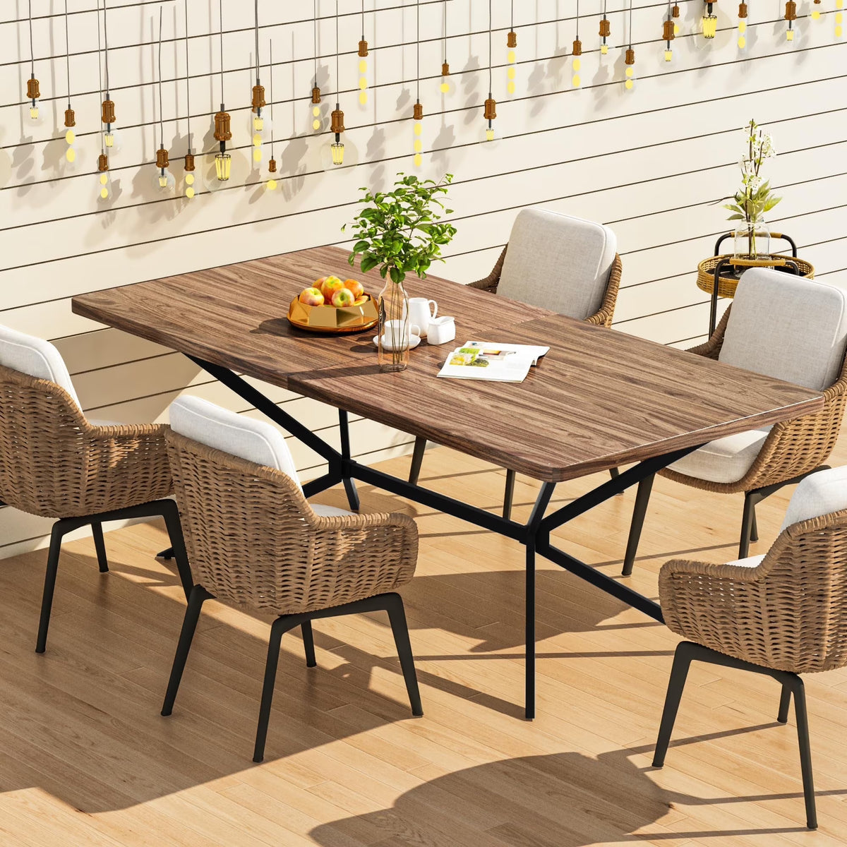 Baxluxe Mid Century Modern Dining Table 70.8 Inch, 6-8 Person Rectangular Kitchen Table with X-Shaped Metal Legs, Wooden Surface Coffee Tables for Living Room, Dining Room, Breakfast Nook, Brown