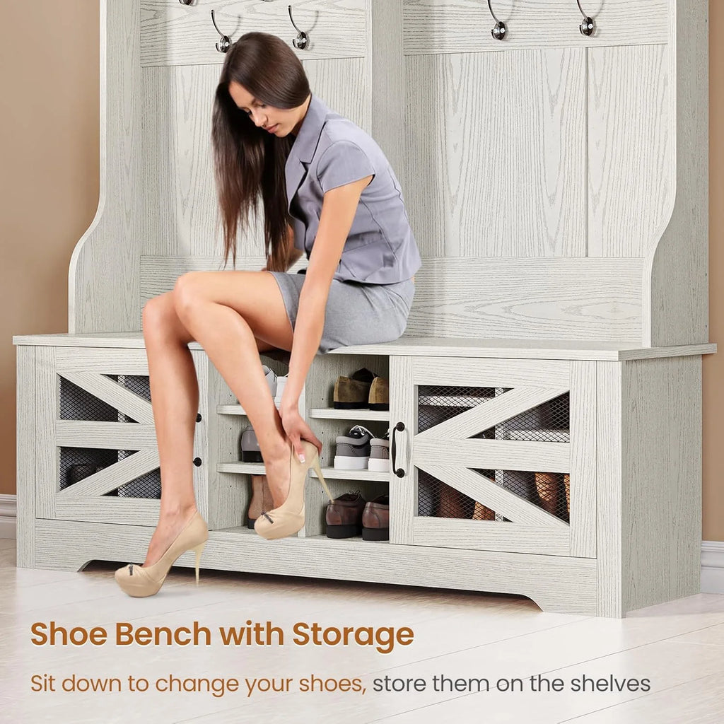 Hall Tree with Coat Rack and 16 Shoe Cubbies, 5-in-1 Entryway Bench with Bench and Shoe Storage, Barn Door & Adjustable Shelf, Embossed White