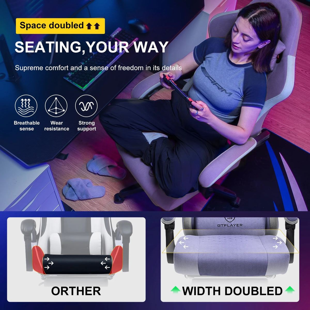 GTPLAYER Ergonomic High Back Pocket Spring Cushion Gaming Chair with Footrest & Linkage Armrests, Black