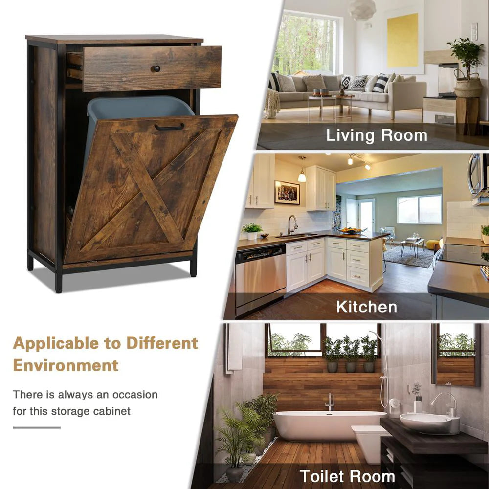 Eclife 10 Gallons Tilt Out Trash Cabinet Freestanding Floor Rustic Solid Wood Barn Door and Storage Drawer Kitchen Island