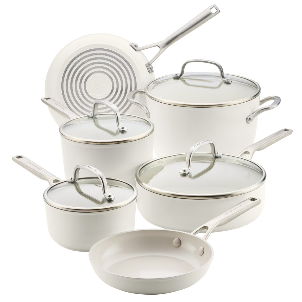 KitchenAid Hard-Anodized 10 Pcs Ceramic Induction Cookware Set, Dishwasher Safe and Oven Safe to 500?��F, Porcelain White