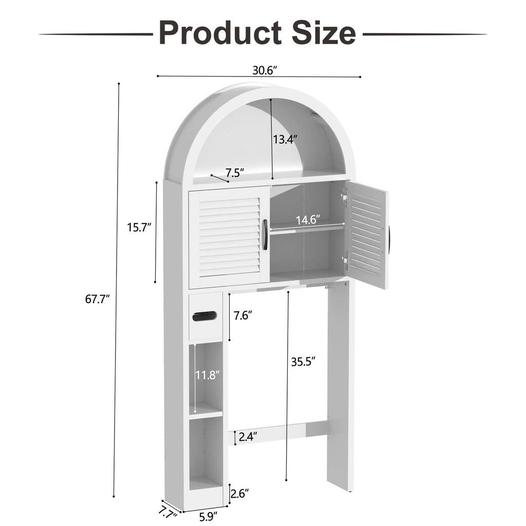 HARIPUL Over The Toilet Storage Cabinet w/ Unique Wood Grain & Arc Design, Freestanding Bathroom Shelf Organizer Space Saver w/ Doors & Anti-Tip Device, Wood Color