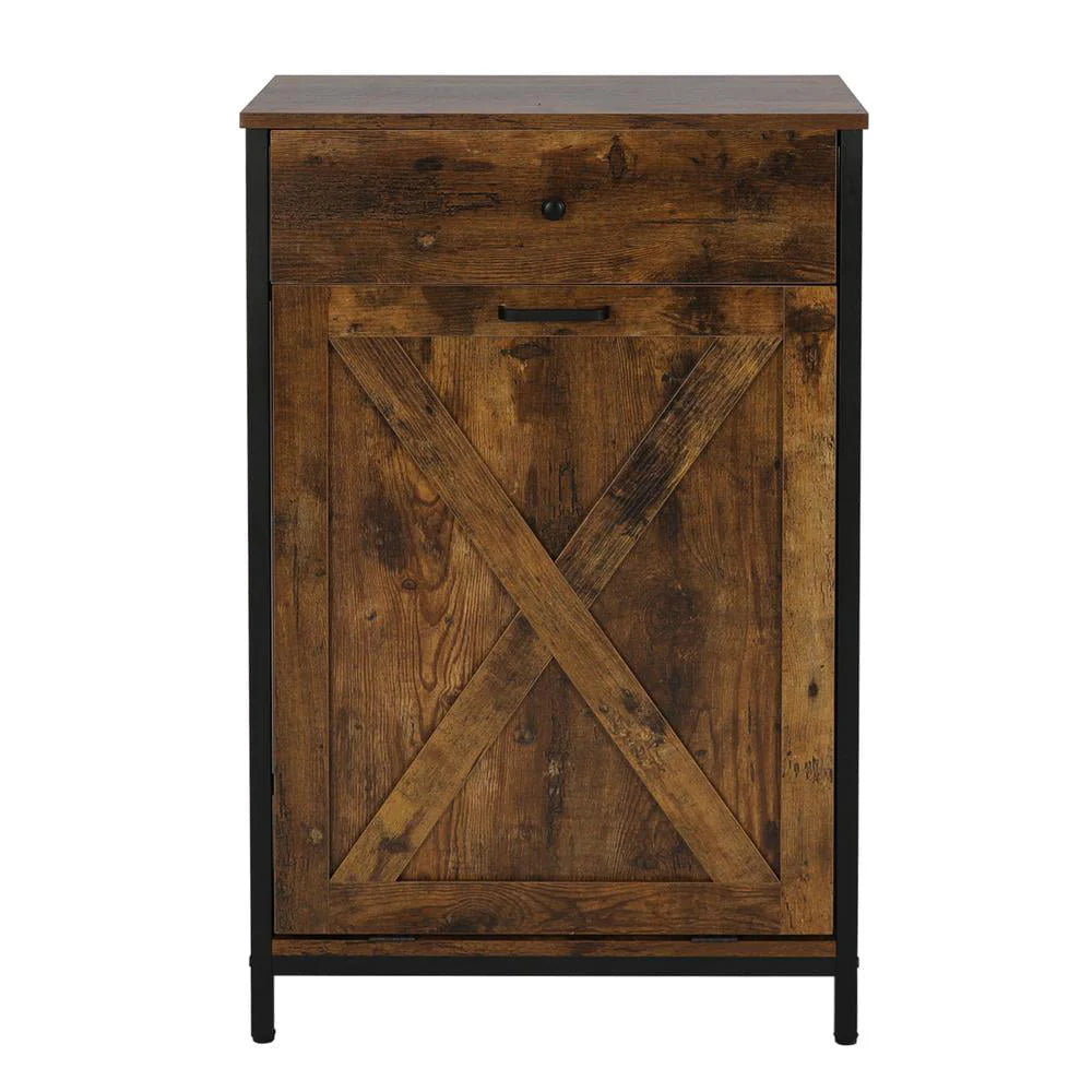 Eclife 10 Gallons Tilt Out Trash Cabinet Freestanding Floor Rustic Solid Wood Barn Door and Storage Drawer Kitchen Island
