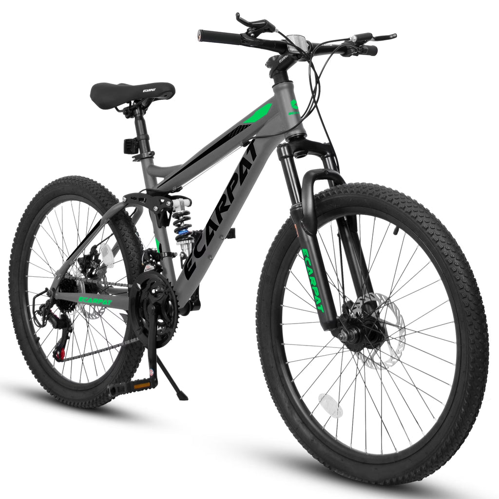 26 Inch-Wheels Mountain Bike, 21-Speed Full Suspension Mens Womens Trail Commuter City Bicycle with Disc Brakes, Grey