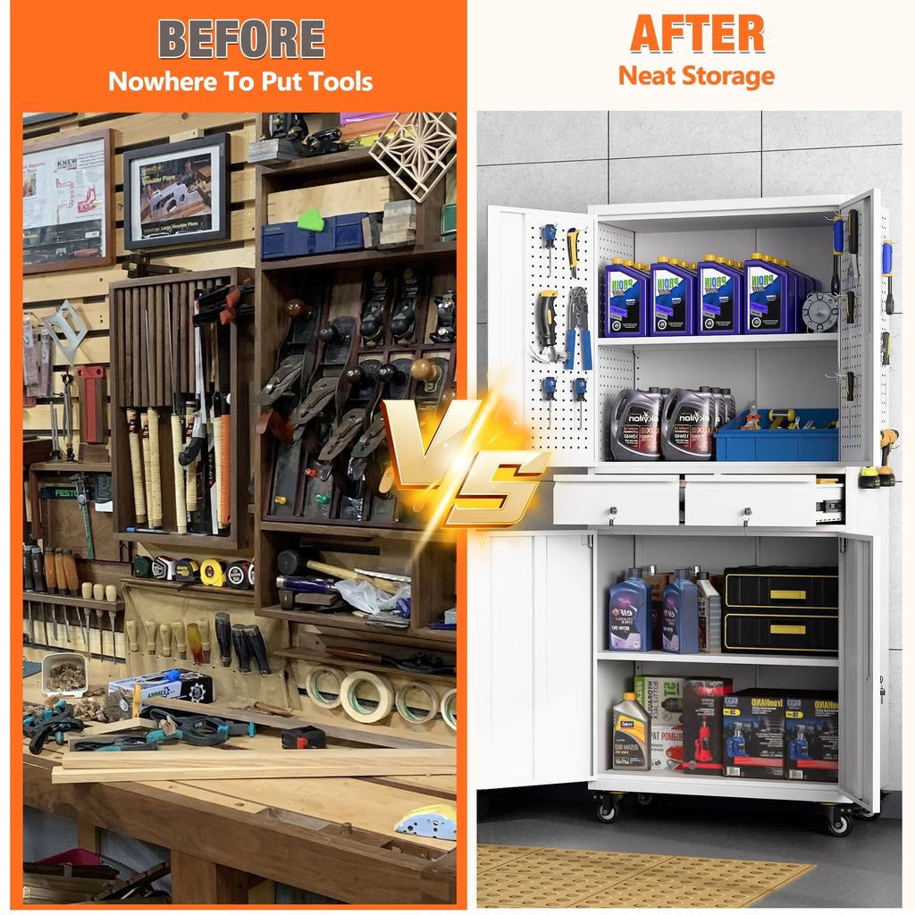 SUPEER 71" Metal Storage Cabinets with Wheels and Pegboards, Industrial Cabinet with 2 Drawers and 2 Adjustable Shelves,, Assembly Required
