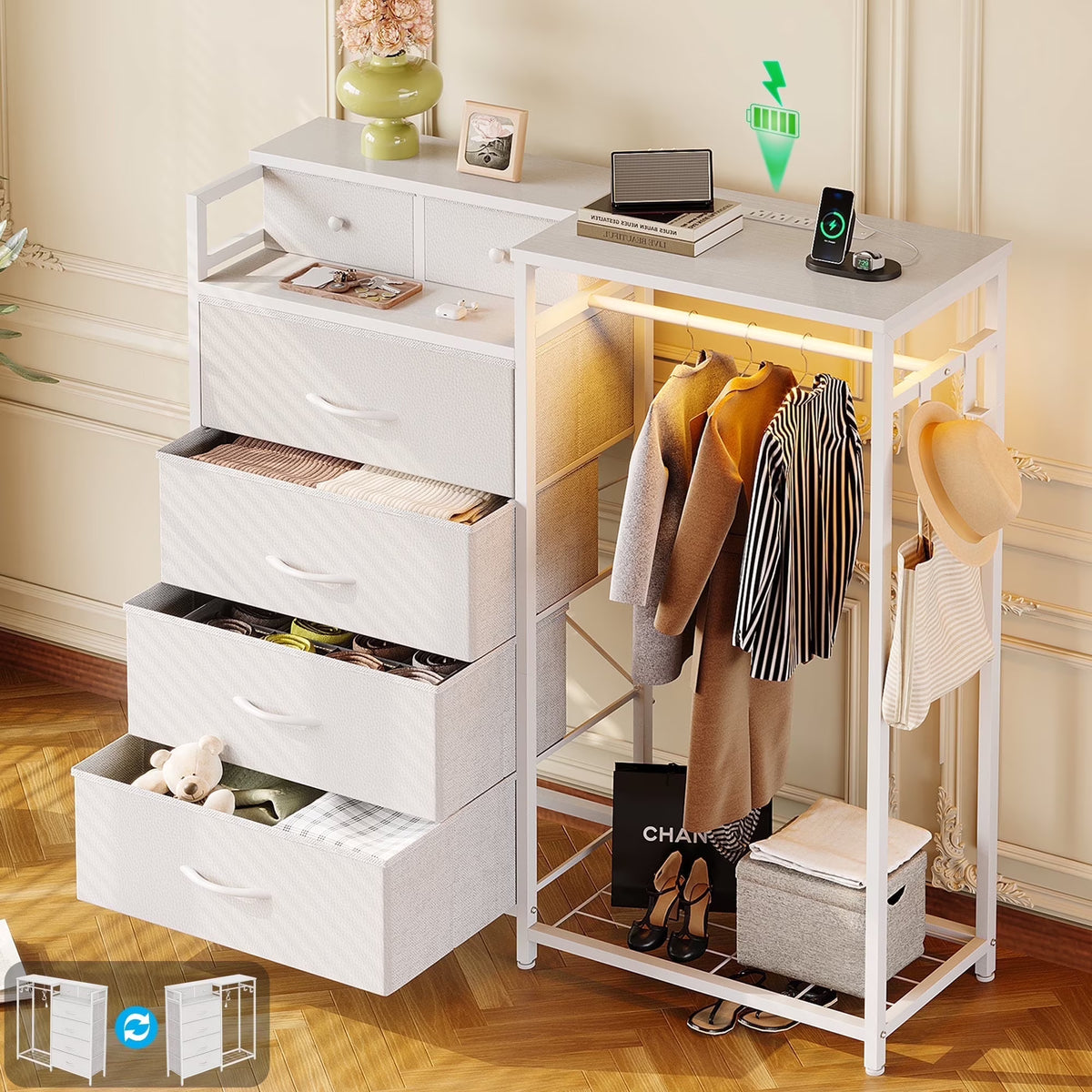 Dresser for Bedroom with Clothes Rack, 6 Drawers Dresser with Charging Station & LED Lights, White Storage Chest of Shelf for Bedroom, White