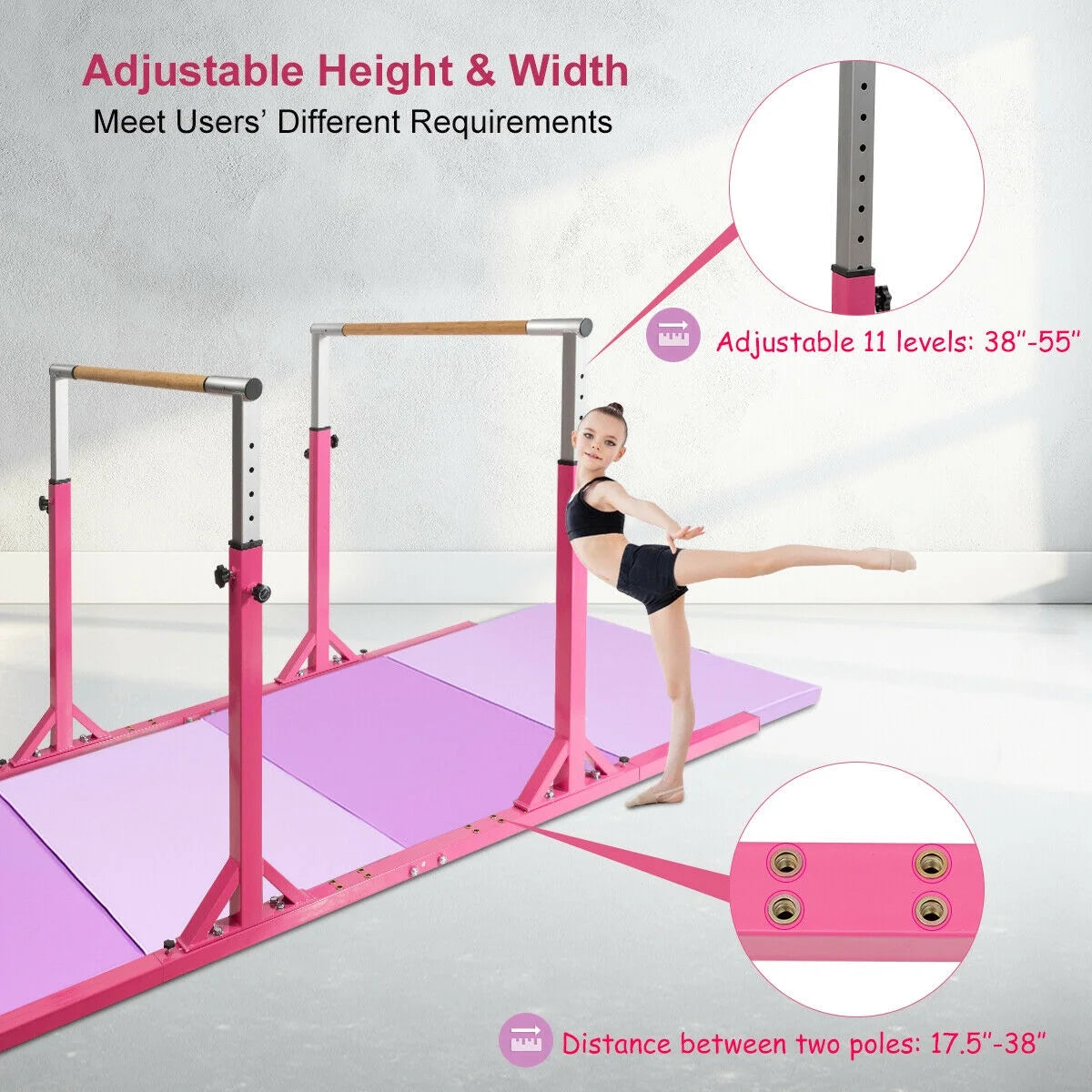 Costway Kids Gymnastics Parallel Bars Double Horizontal Bars Adjustable Width Height