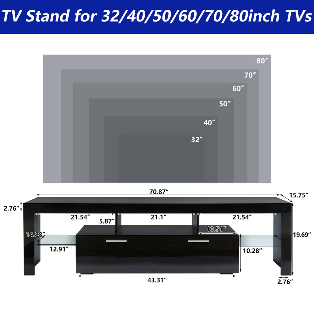UHOMEPRO TV Stand for TV up to 70", Living Room Entertainment Center with RGB LED Lights and Storage Shelves Furniture, White High Gloss TV Cabinet Console Table
