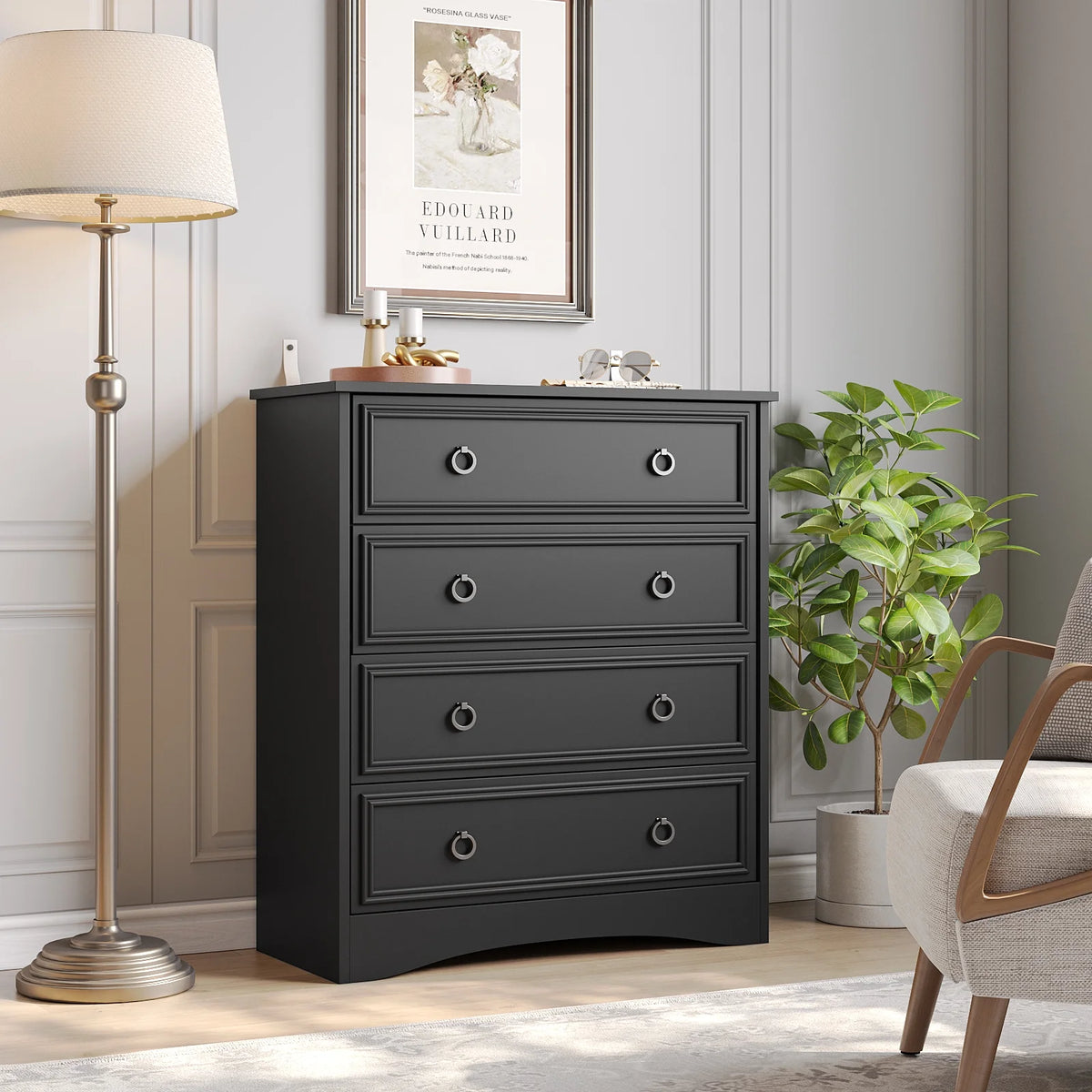 Duerer Modern Drawer Dresser for Bedroom, Living Room, Hallway, Dresser Chest with 4 Drawers, Black
