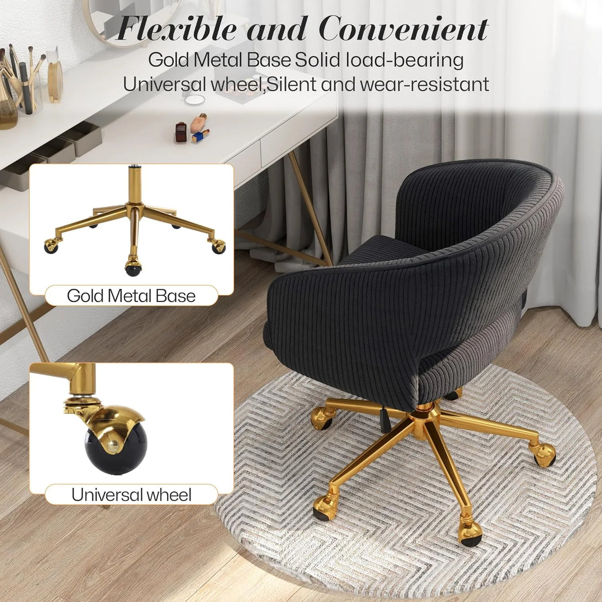 Home Office Swivel Desk Chair, Modern Velvet Vanity Chair, Height Adjustable Armchair with Gold Base, Ergonomic Office Chair for Task Study Computer Room, Beige