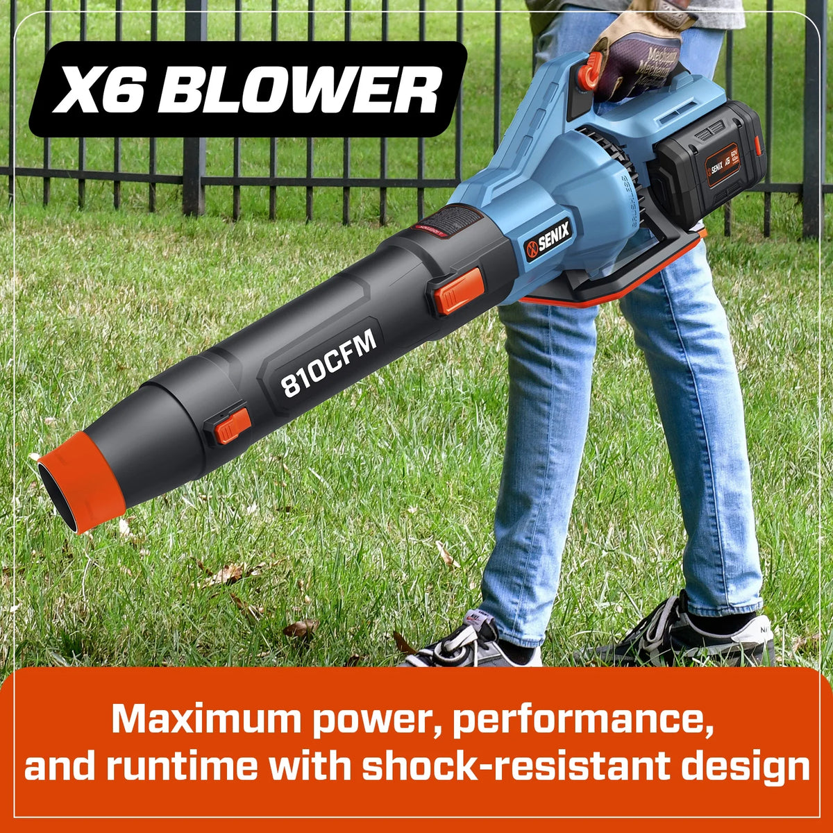 SENIX X6 60V Max* Brushless Cordless Leaf Blower with 4.0 Ah Battery and Charger, Variable Speed Up to 810CFM 170MPH, BLAX6-M1