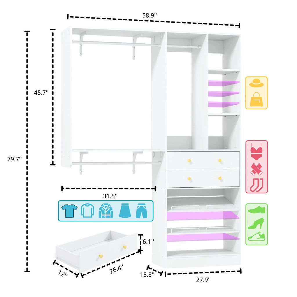 iSunirm 5FT Closet System with Drawers,5FT Closet System with Drawers, 60" Closet Organizer System with 2 Hanging Shelving Perfect Storage Solution for Organizing Your Closet