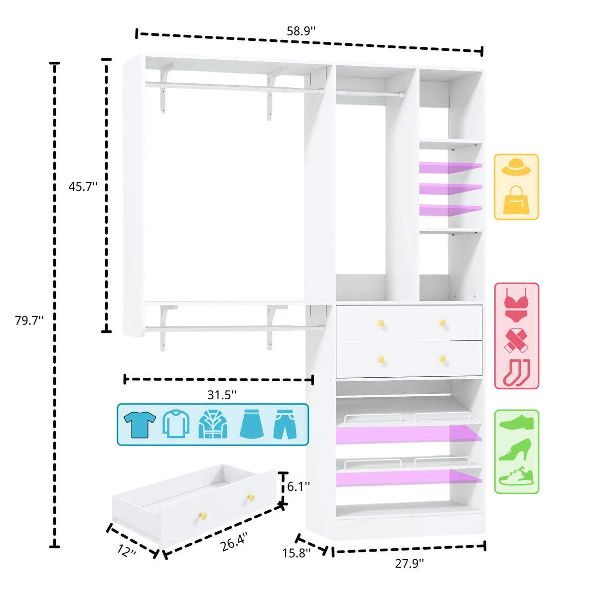 iSunirm 5FT Closet System with Drawers,5FT Closet System with Drawers, 60" Closet Organizer System with 2 Hanging Shelving Perfect Storage Solution for Organizing Your Closet