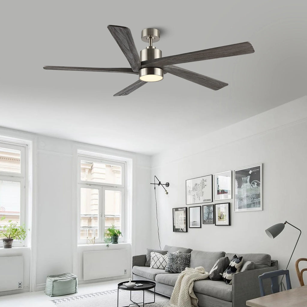 WINGBO 64 Inch DC Ceiling Fan with Lights and Remote Control, 5 Reversible Carved Wood Blades - N/A Matte Black/Walnut