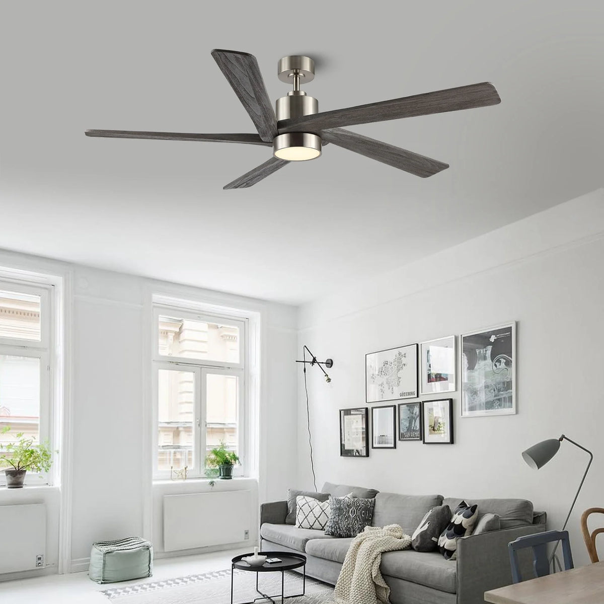 WINGBO 64 Inch DC Ceiling Fan with Lights and Remote Control, 5 Reversible Carved Wood Blades - N/A Matte Black/Walnut