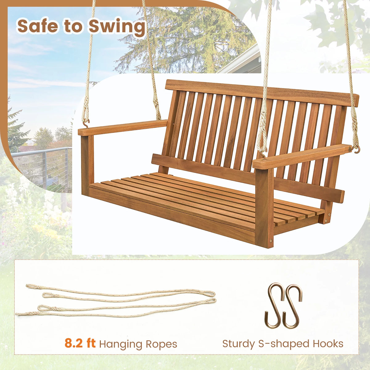Gymax 2-Person Acacia Wood Outdoor Porch Swing Patio Hanging Bench Chair Natural