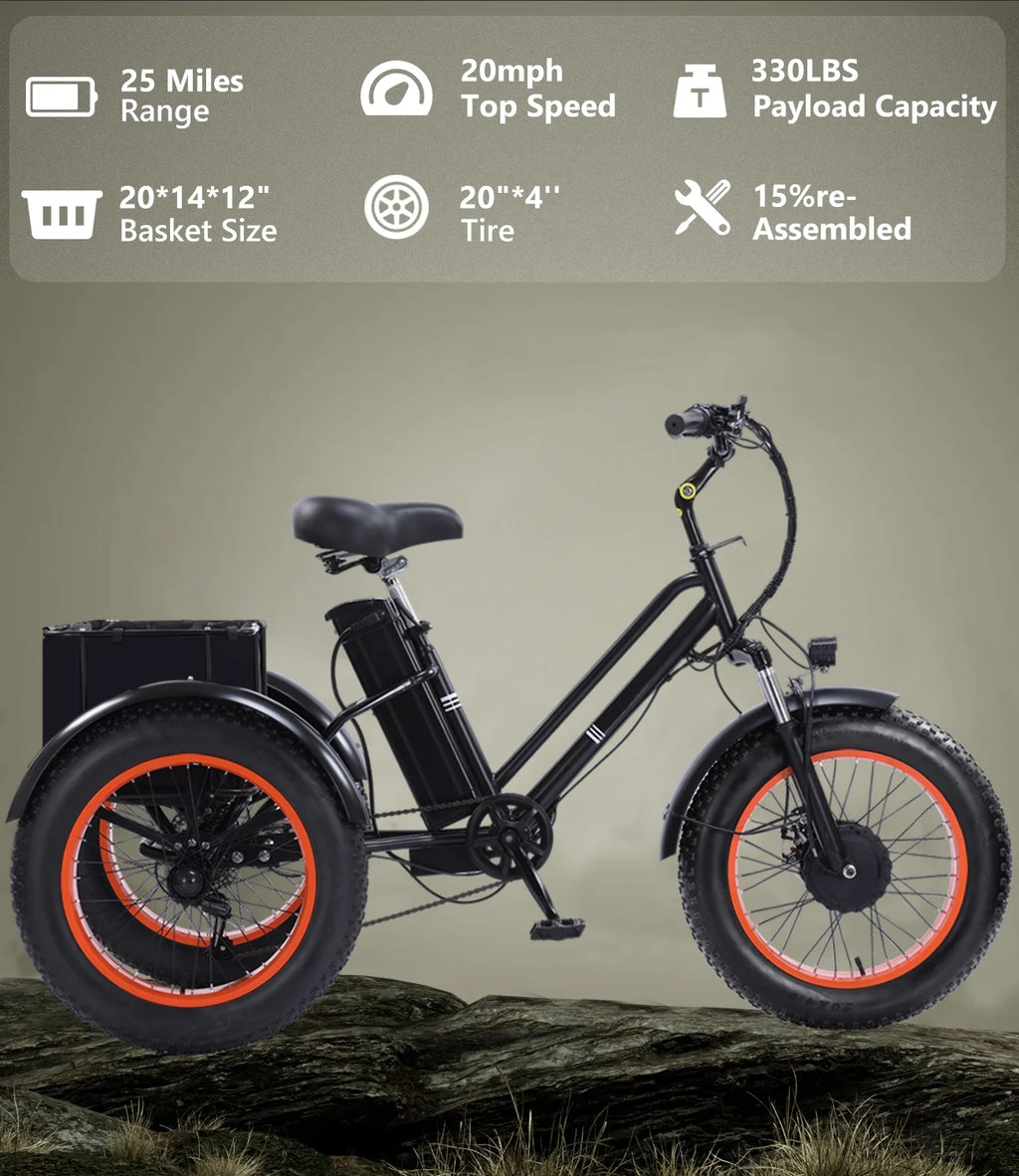 YEBEI Electric Tricycle for Adults Folding E-Trike Motorized Tricycle Electric 3 Wheels Trike Powerful 500W Motor Electric Tricycle 48V15AH Lithium Battery Max 20MPH 20*4.0” Fat Tire Orange