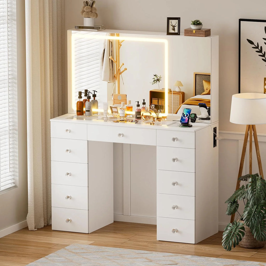 PAKASEPT Vanity Set with Lighted Mirror, Large Vanity Desk with Charging Station, Makeup Vanity Table with 11 Drawers & Hidden Sliding Storage Cabinet & Visible Glass Tabletop for Bedroom (White)