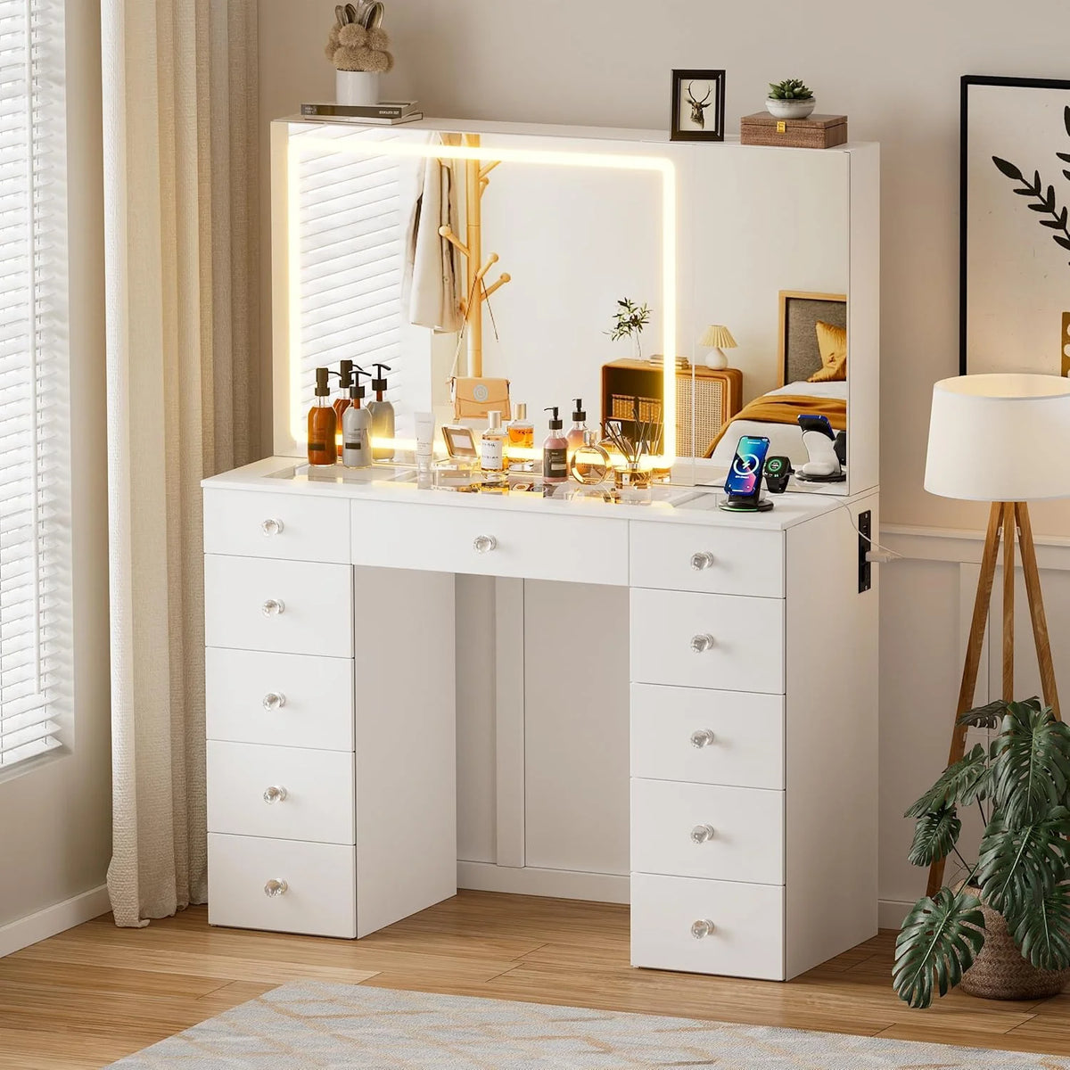 PAKASEPT Vanity Set with Lighted Mirror, Large Vanity Desk with Charging Station, Makeup Vanity Table with 11 Drawers & Hidden Sliding Storage Cabinet & Visible Glass Tabletop for Bedroom (White)
