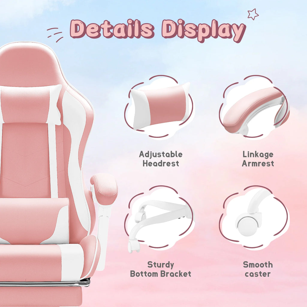 Lacoo PU Leather Gaming Chair Massage Ergonomic Gamer Chair Height Adjustable Computer Chair with Footrest & Lumbar Support, White