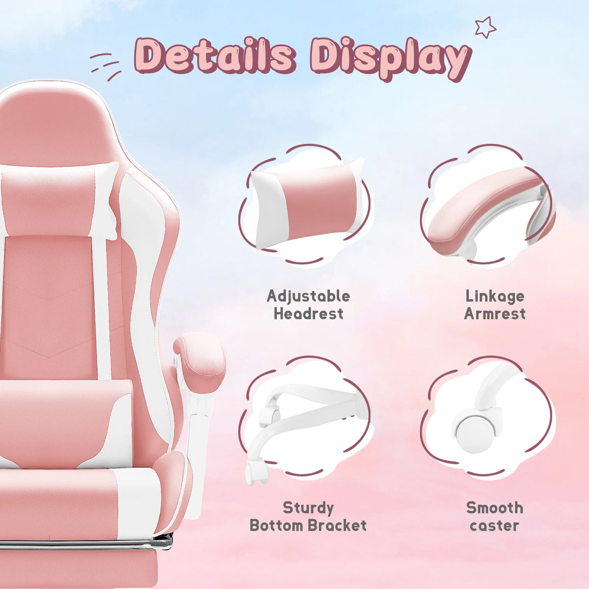 Lacoo PU Leather Gaming Chair Massage Ergonomic Gamer Chair Height Adjustable Computer Chair with Footrest & Lumbar Support, White