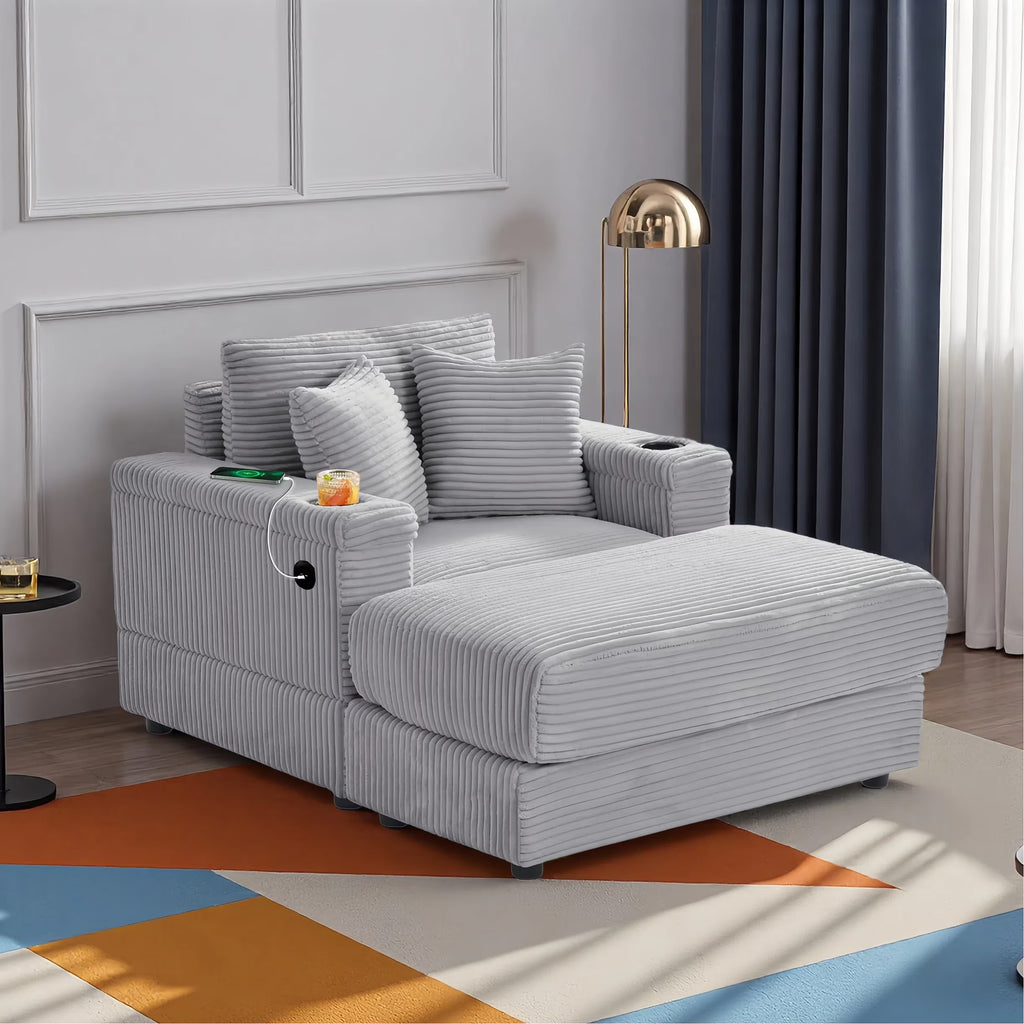 Wiilayok Oversized Lounge Chair Indoor,54" Corduroy Cloud Chaise Lounge Couch Indoor with Ottoman,Cup Holder for Living Room,Bedroom,Beige