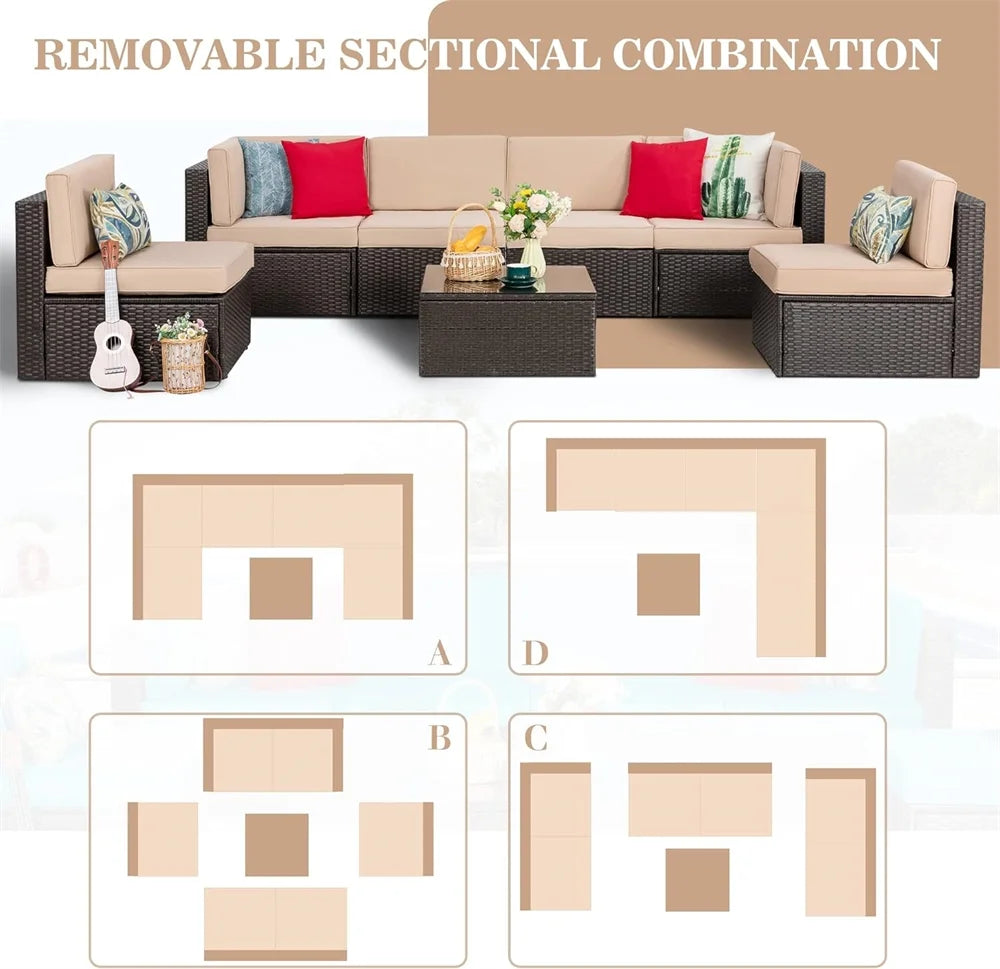 7 Pieces Outdoor Patio Furniture Set, Outdoor Sectional Rattan Sofa, PE Manual Weaving Wicker Patio Conversation Set with Cushion, Glass Table, Pillow, Dark Gray