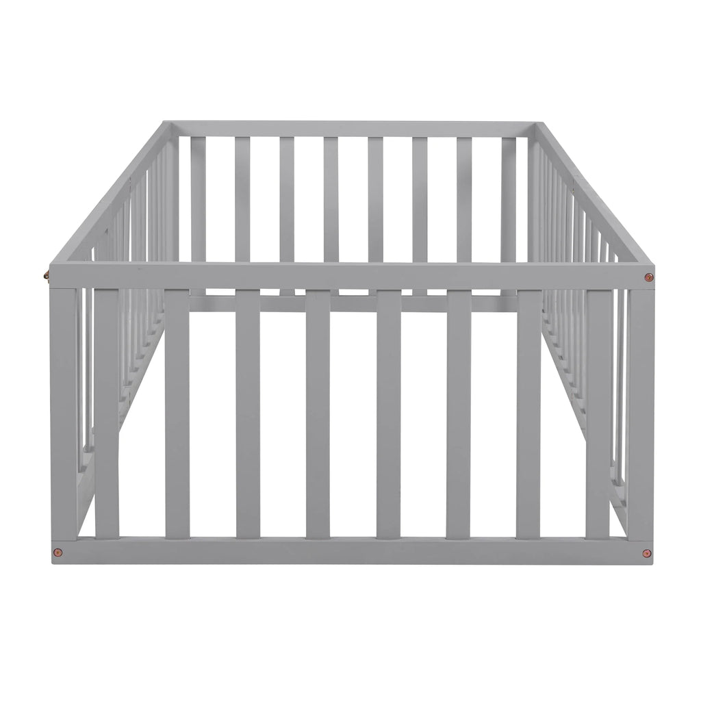 Wood Floor Bed with Fence and Door for Kids, Twin, Gray