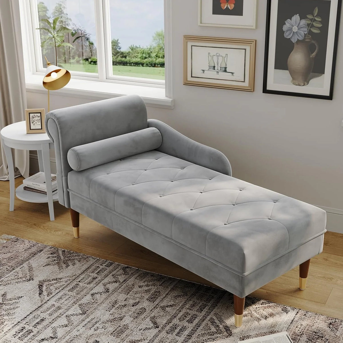 Vesgantti Velvet Chaise Lounge,59" Modern Upholstered Lounge Chair Indoor with Round Armrest Lumbar Pillow, Single Sofa for Living Room Bedroom Office,Grey