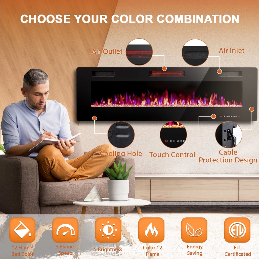 KISSAIR 60�� Indoor Electric Fireplace Ultra Thin Fireplace, Wall Mounted Recessed Fireplace with Multiple Colors