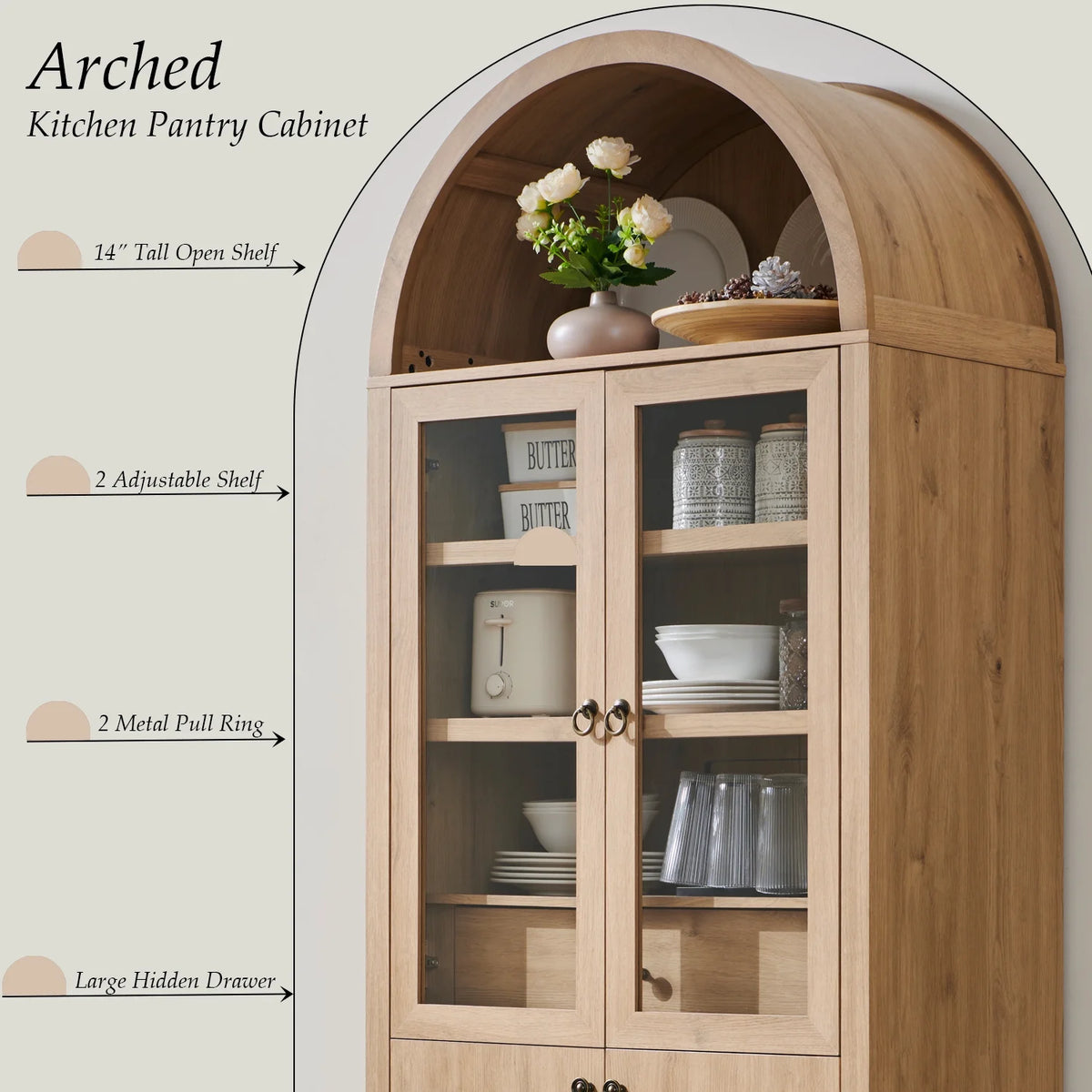 SinCiDo Arched Kitchen Pantry Storage Cabinet, 71-Inch Tall Wood Adjustable Shelves, 2 Doors, 2 Drawers