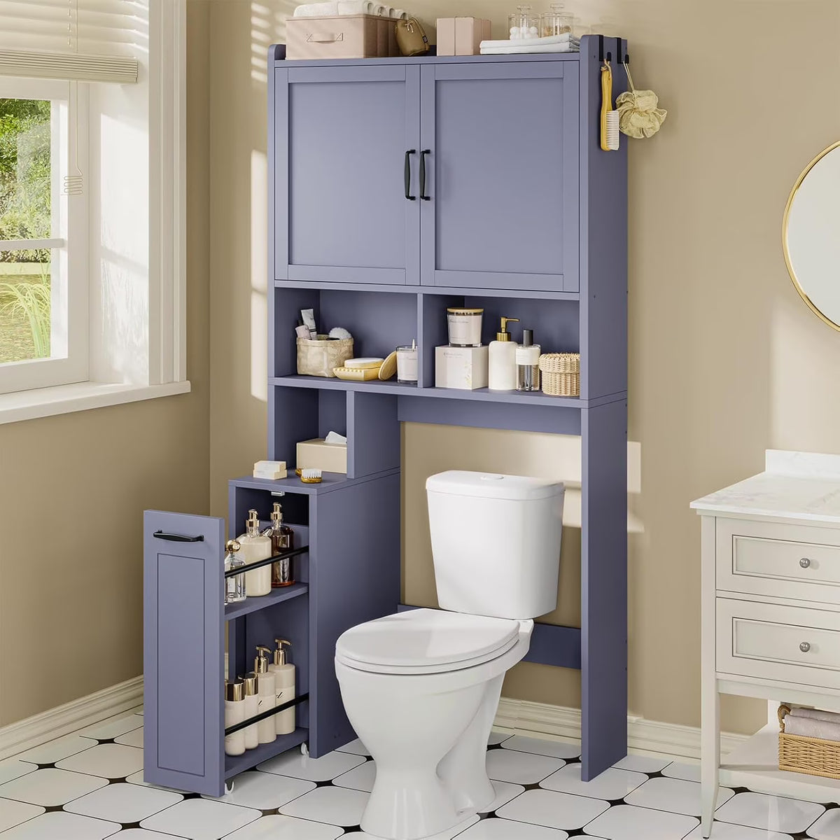 Frhnenha Over The Toilet Storage Cabinet with Pulley, Bathroom Storage Cabinet, with Adjustable Shelf and Open Shelf for Bathroom, Restroom, Laundry, White
