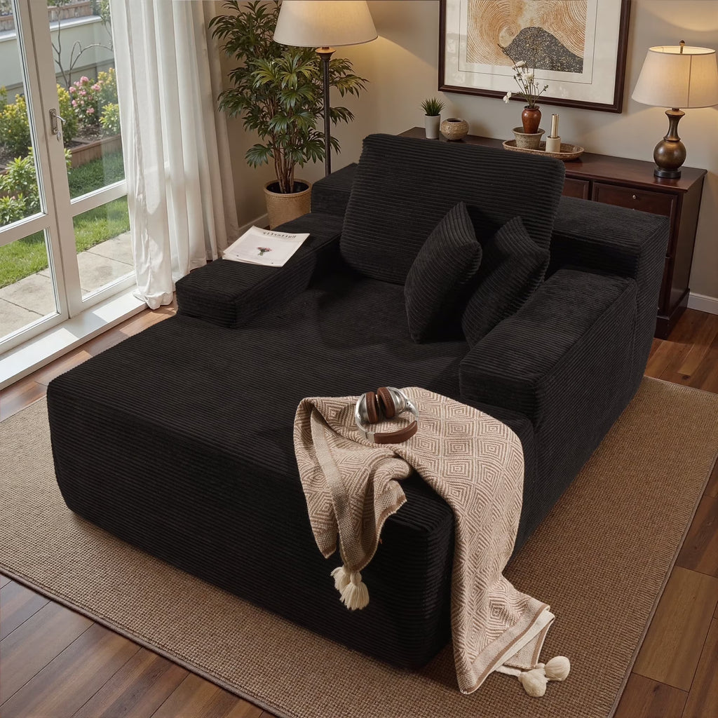 Ovios 67'' Oversized Chaise Lounge Chair Indoor Cloud Plush Corduroy Floor Sofa Bed Deep Seat No Assembly Couch for Living Room, Black