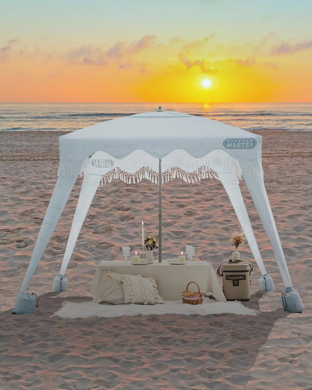 OutdoorMaster Beach Cabana with Fringe, Portable 6' x 6' Beach Canopy, Easy Set Up Beach Shelter, Included Side Wall, UPF 50+ UV Protection Sun Umbrella - for Kids, Family & Friends