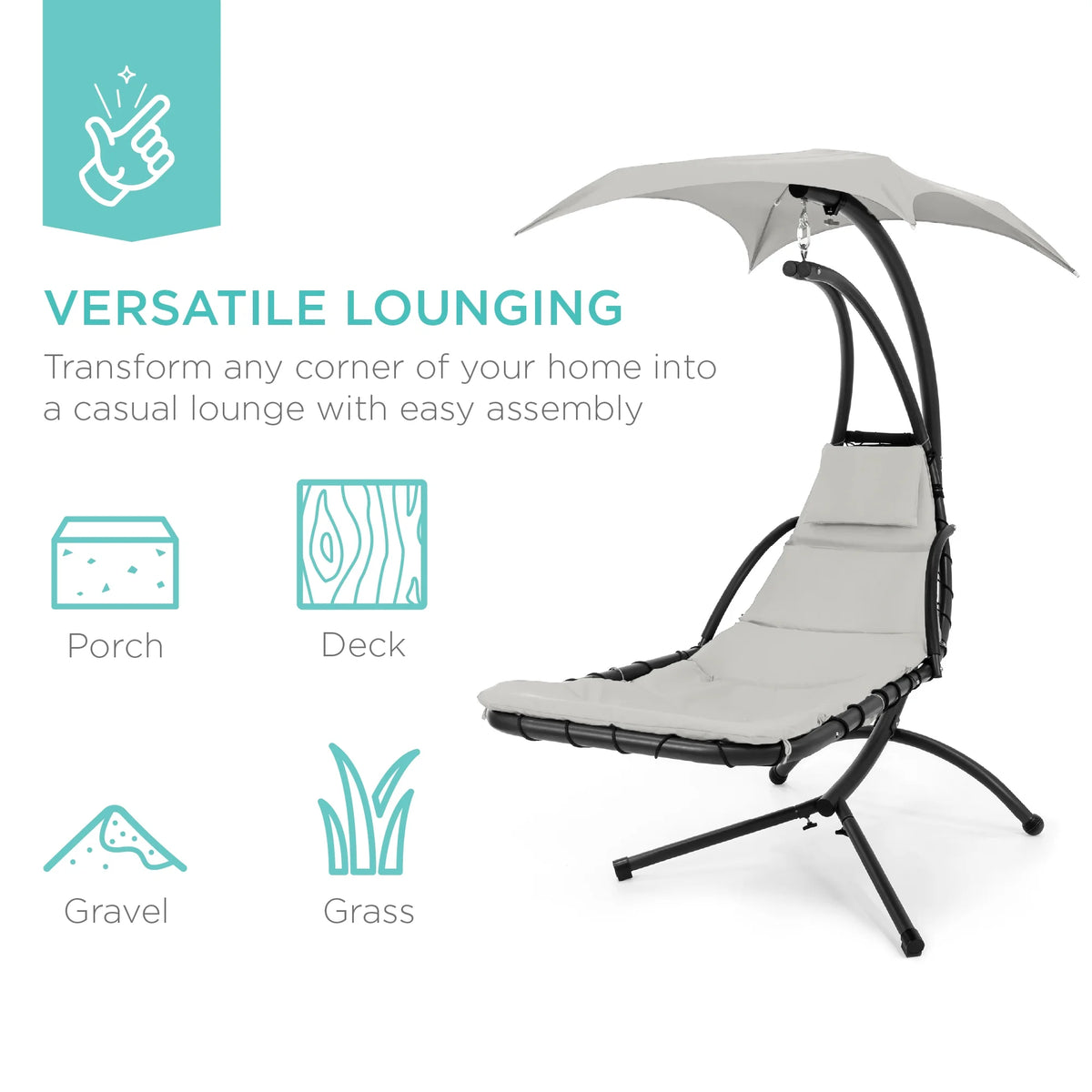 Best Choice Products Hanging Curved Chaise Lounge Chair Swing for Backyard, Patio w/ Pillow, Shade, Stand - Teal