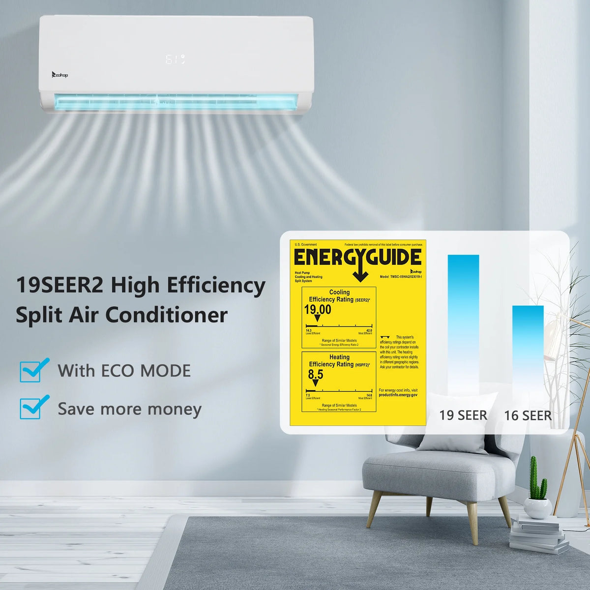 Ktaxon 2 Zone 9000 + 9000 BTU WIFI Mini Split AC/Heating System, 19 SEER2 Dual Zone 18000 BTU Ductless Split Air Conditioner with Pre-Charged Condenser, Heat Pump & 25Ft Installation Kit, 208-230V