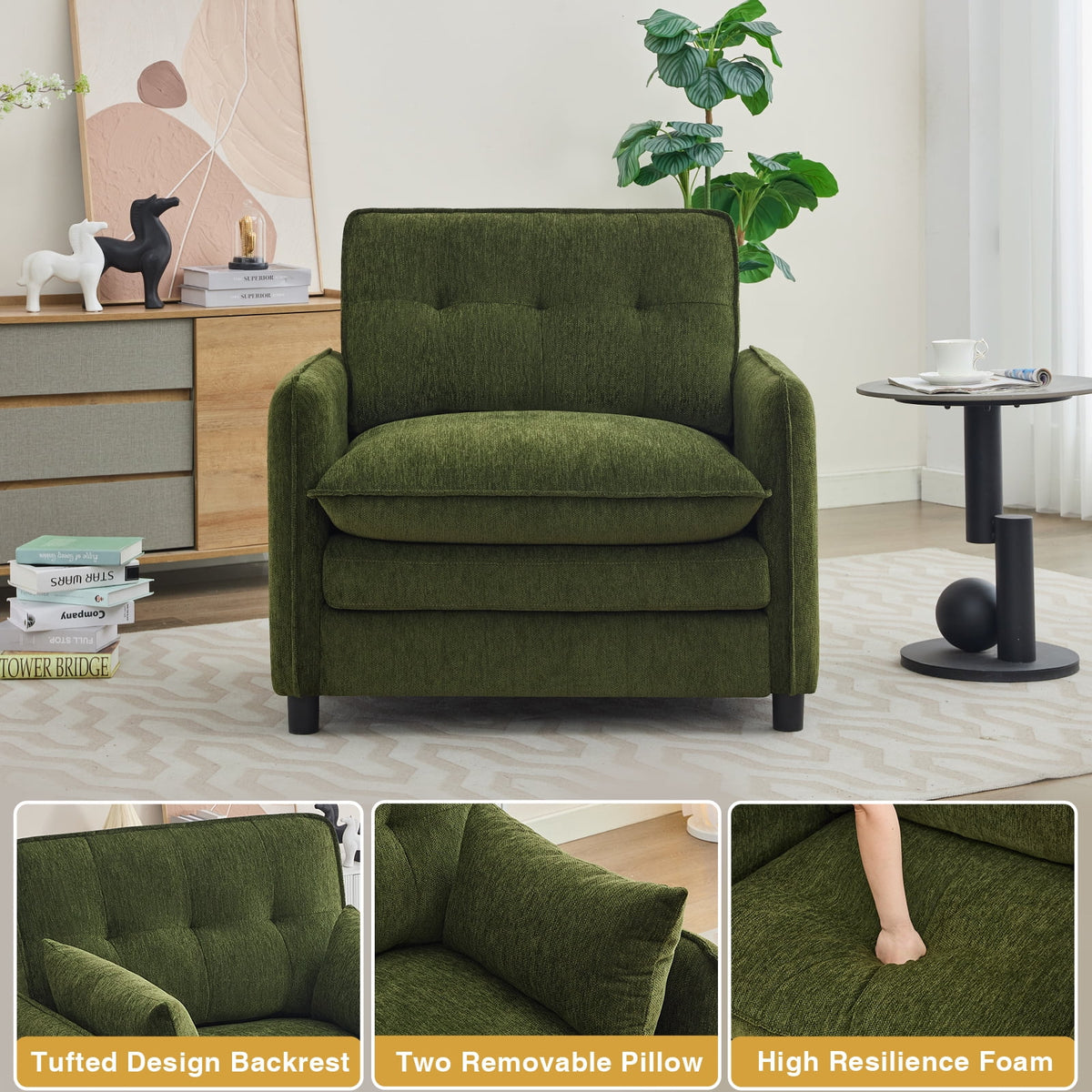 Aemeios Upholstered Chenille OversizedAccent Armchairs with Ottoman and Side Pocket, Cream