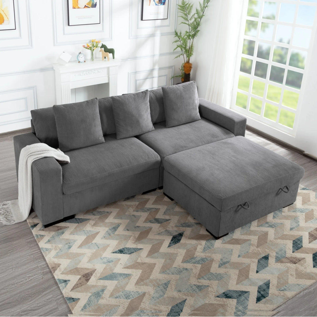 Gewnee 103.5-Inch Modular Corduroy Sofa Set with Solid Wood Legs, High-Density Foam, Suitable for Living Room/Bedroom/Office
