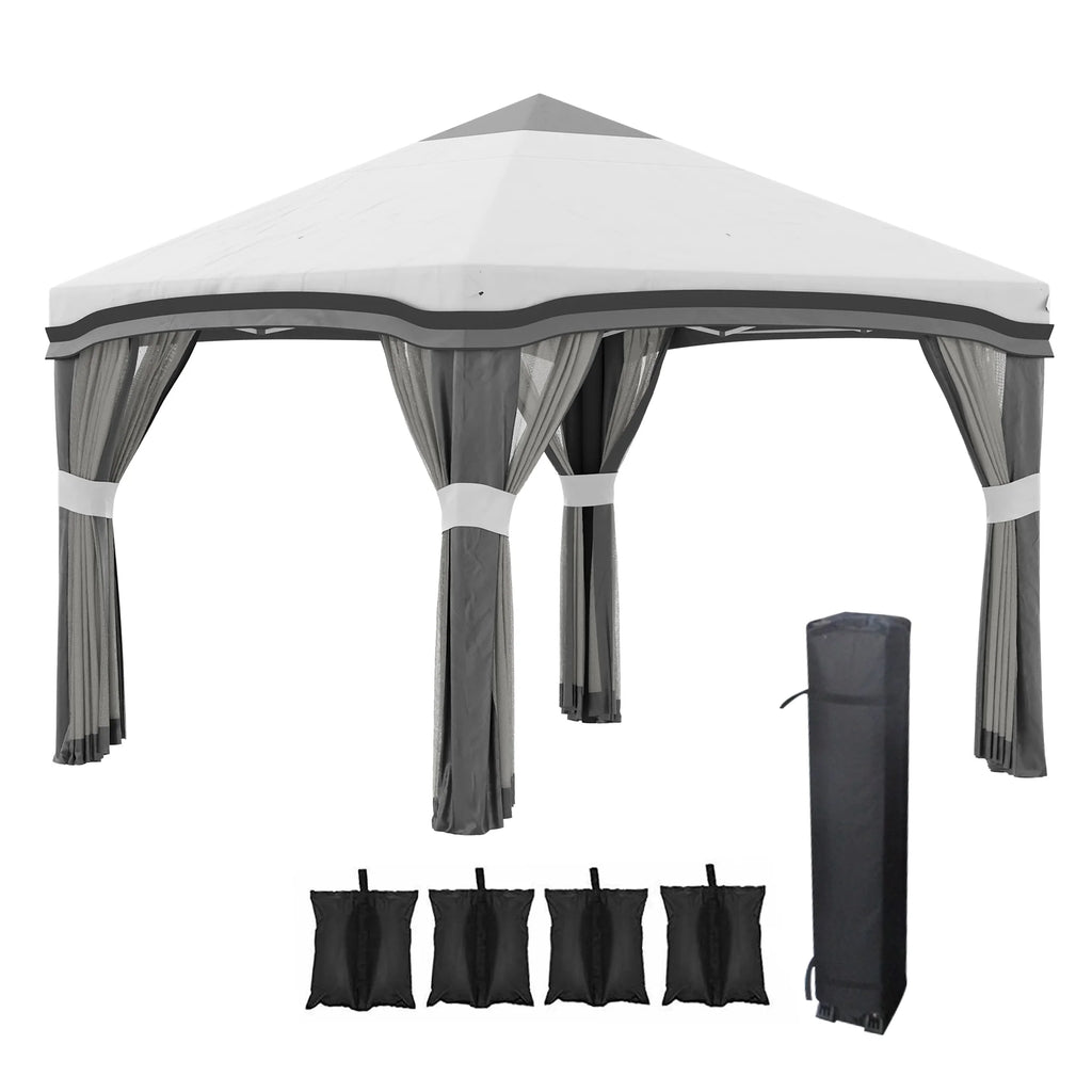 Outsunny 10' x 10' Pop Up Canopy with Nettings, Foldable Party Tent with Wheeled Carry Bag and 4 Sand Bags, Beige