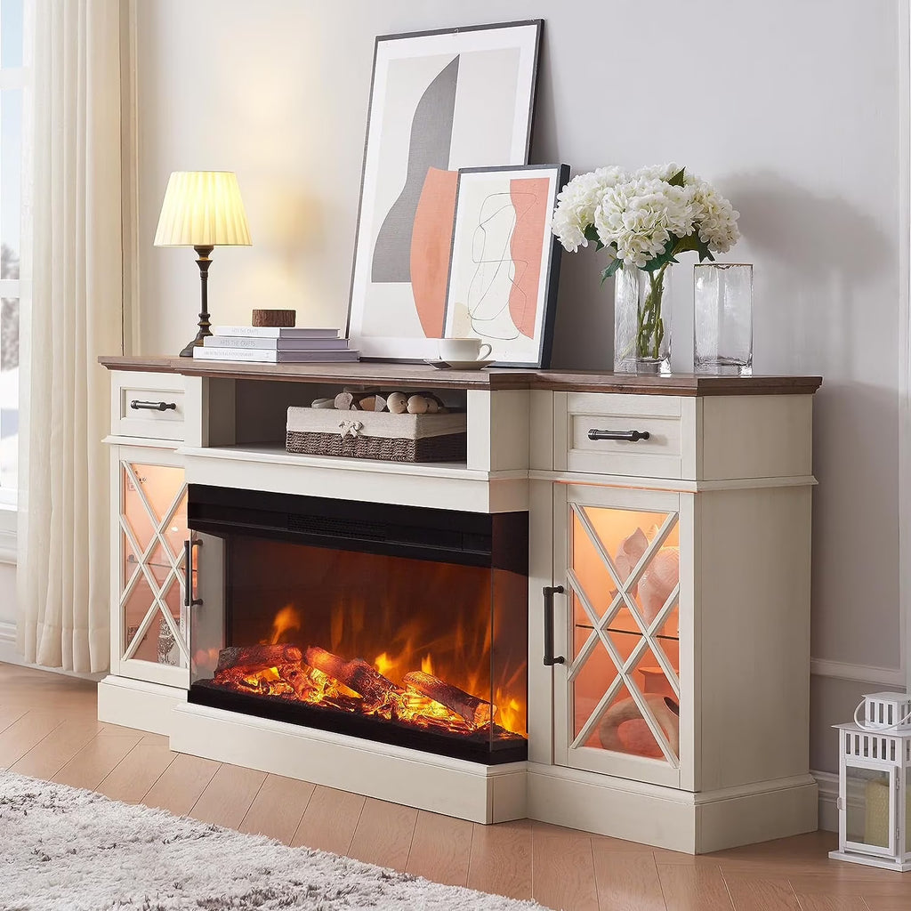 OKD Farmhouse 3-Sided Fireplace TV Stand for 80" TVs, 70" Entertainment Center with Electric Fireplace and Storage Drawers, Antique White