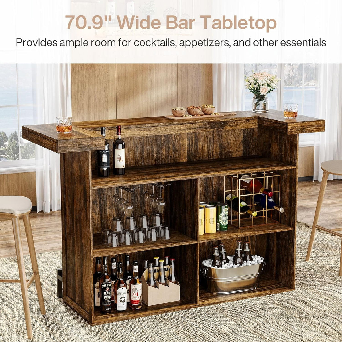 4-Tier Bar Table, 70.9-Inch Large Modern Home Bar Cabinet with Wine Glass Holder and Black Footrest