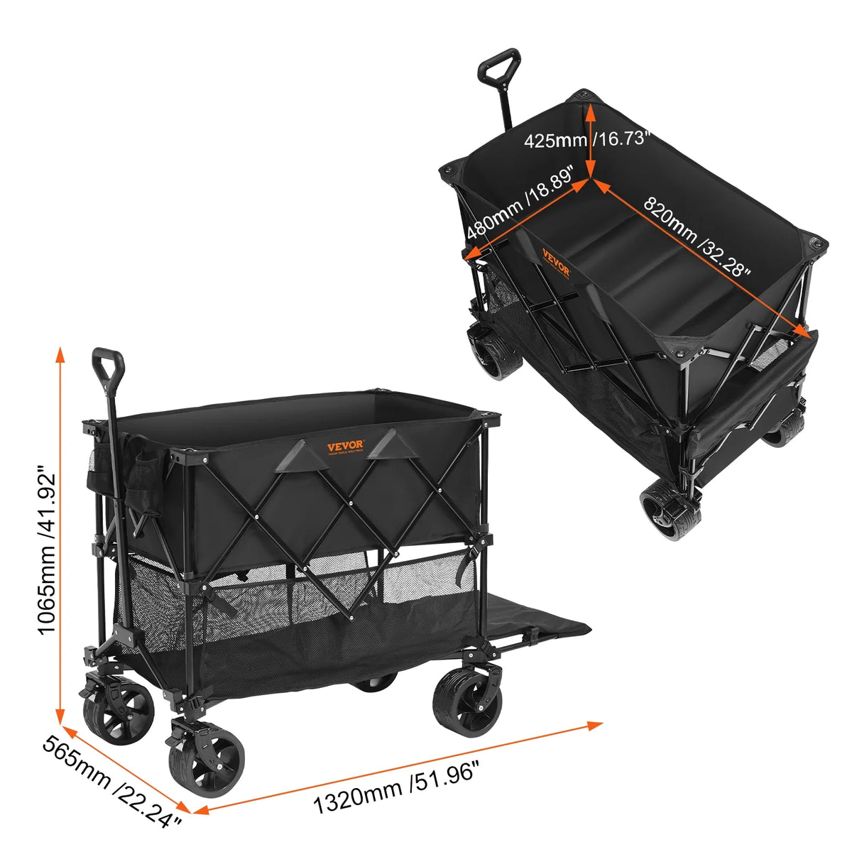 VEVOR Foldable Double Decker Wagon, 400L Collapsible Wagon Cart with All-Terrain Wheels,Heavy Duty Folding Wagon Cart 350-450 lbs Weight Capacity for Camping,Shopping,Garden,52" Extra Long Extender