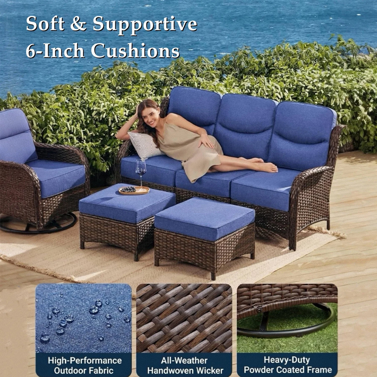 Bellefurn Luxury Outdoor Patio Furniture Set,Swivel Rocker Patio Chairs with 6-inch Thick Cushion,Patio Sofa and Glass Coffee Table,Outdoor Conversation Set for Porch, Deck, Yard