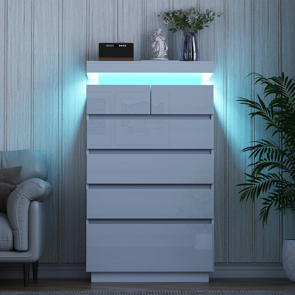 NEGYLIM 6 Drawer White Dresser, High Gloss Dresser with LED Light for Bedroom, Living Room, Hallway, Easy Assembly